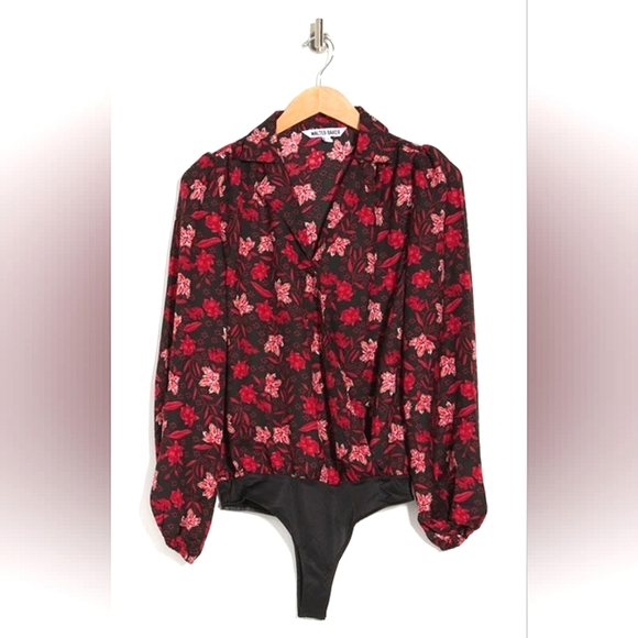 Walter Baker Darla Floral Notch Lapel Bodysuit Red Long Sleeve Top Blouse s - Picture 2 of 11